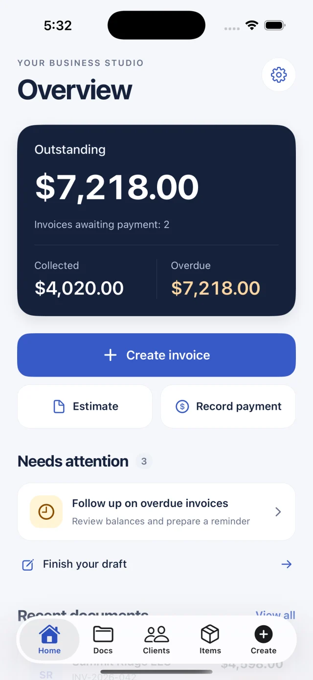 InvoiceMaker overview showing outstanding invoices and actions to create an invoice, estimate, or record payment