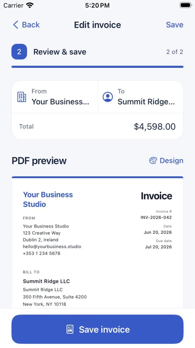 InvoiceMaker review screen with an invoice PDF preview and Save invoice action